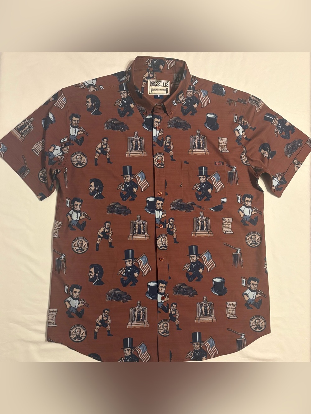 RSVLTS Kunuflex Short Sleeve "Honest Abe" Abraham Lincoln Button-Down Shirt XL